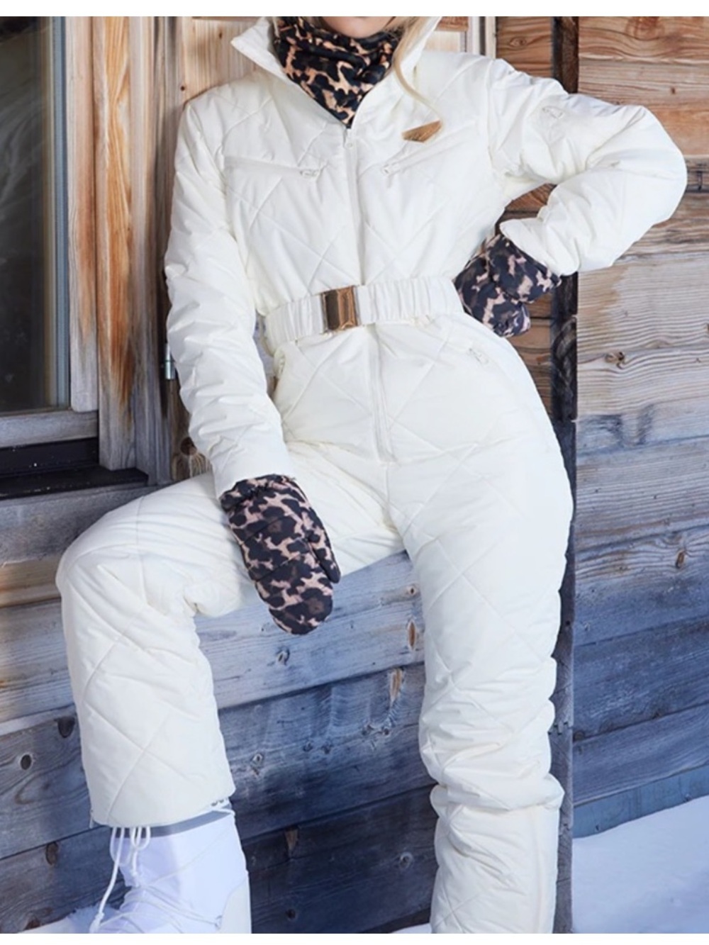 PrettyLittleThing White Quilted Belted Ski Suit Snowsuit